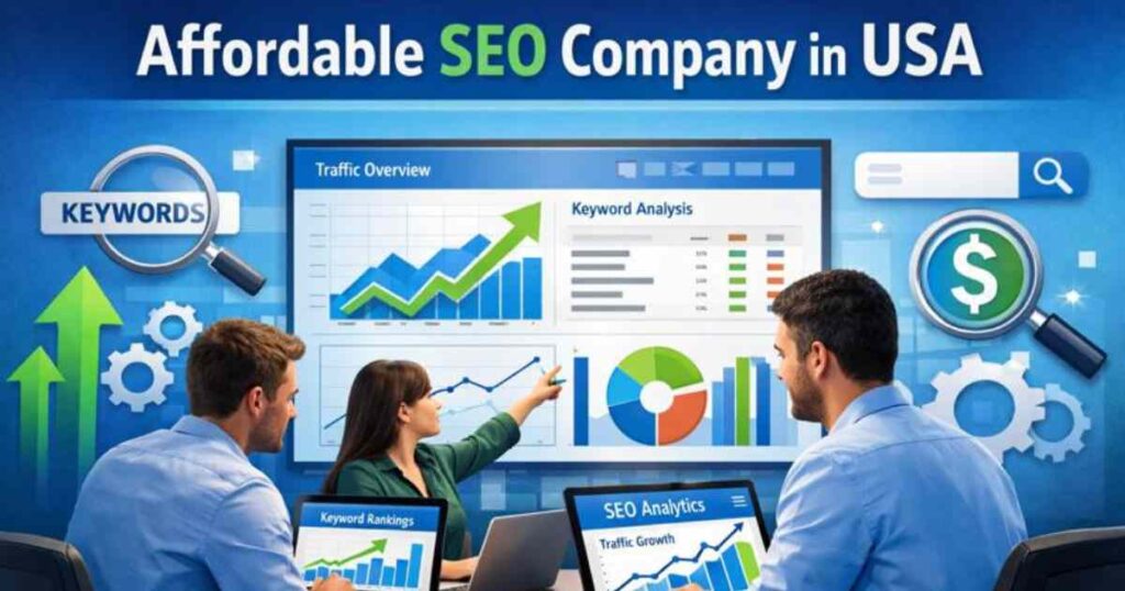 SEO experts reviewing rankings and analytics at an Affordable SEO Company in USA.
