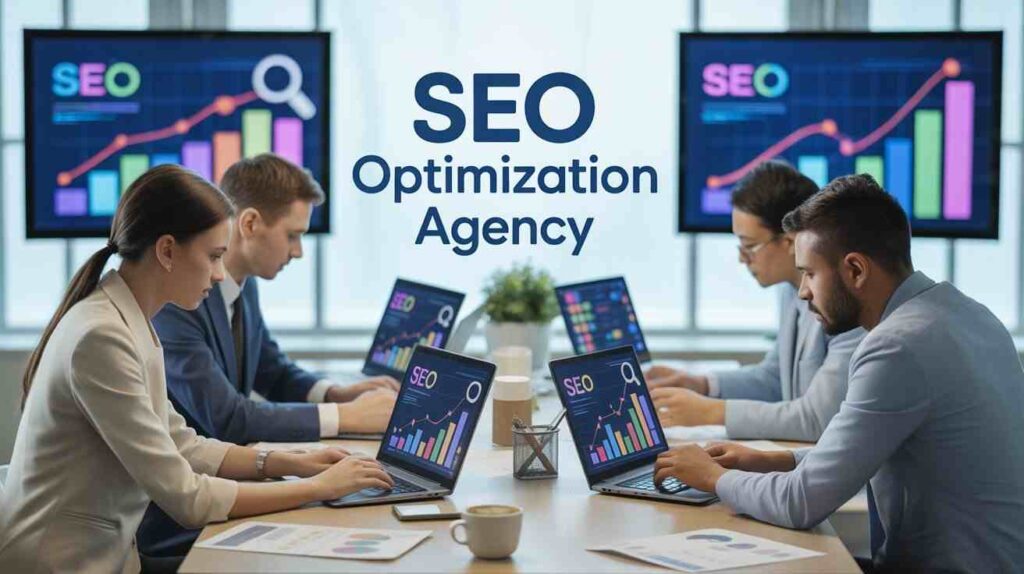 Marketing professionals analyzing data and strategies at an SEO Optimization Agency.