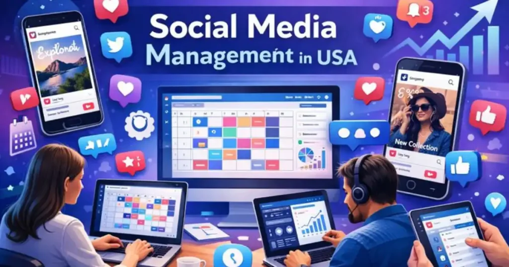Marketing team scheduling posts and analyzing engagement for Social Media Management in USA.