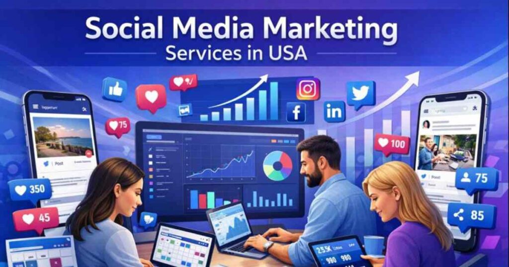 Marketing team managing campaigns and analytics for Social Media Marketing Services in USA.
