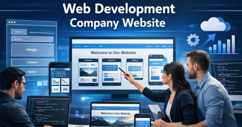 Modern homepage layout displayed on screens representing a Web Development Company Website.
