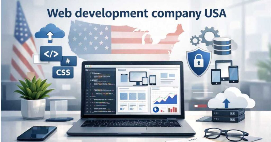 Developers working on laptops and screens representing a professional Web Development Company USA.