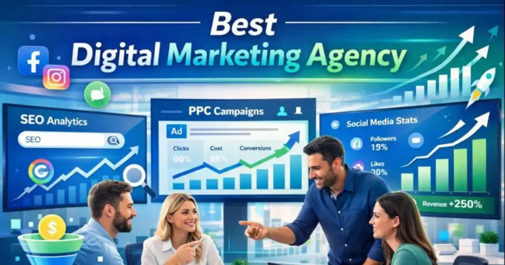 Marketing experts reviewing analytics and strategies at the Best Digital Marketing Agency.