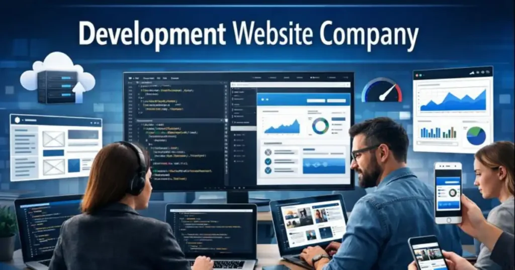 Professional developers collaborating on projects at a Development Website Company.