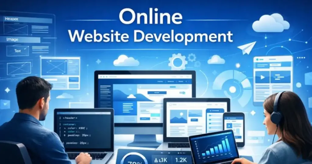 Developers working remotely on laptops for Online Website Development projects.
