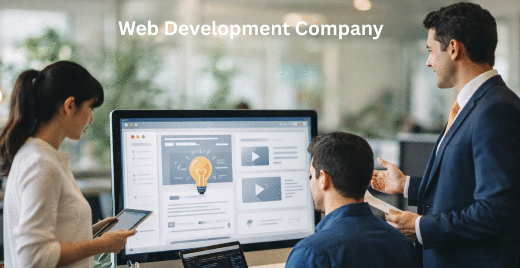 Three professionals collaborating on a web development project in a modern office, using a desktop and laptop to review website design and code.