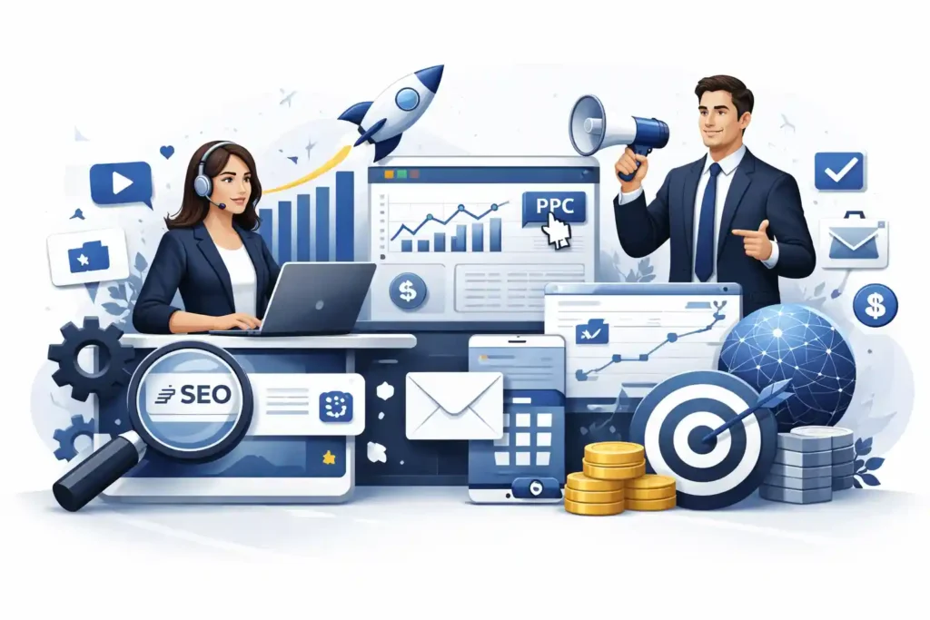 Digital marketing services agency illustration showing professionals managing SEO, PPC, social media, and content marketing strategies, with charts, graphs, and growth icons on a modern gradient background.